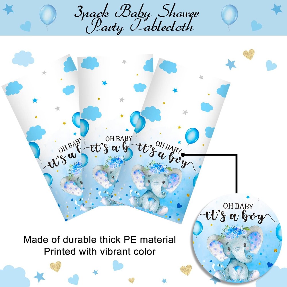 Shower Table Covers, 3PCS Elephant Theme, Plastic 54x108, Blue