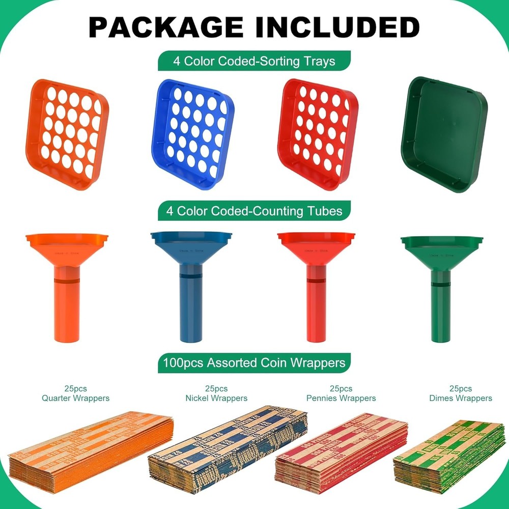 Efficient Coin Sorting & Wrapping Kit: 4 Trays, Tubes & Flat Wrappers Included