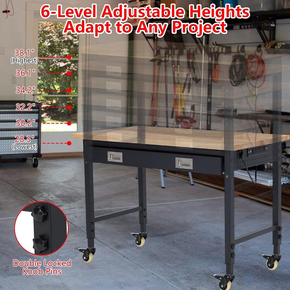Adjustable Workbench 60''x22''with Power Outlets, Lights, Storage Drawer,Rolling