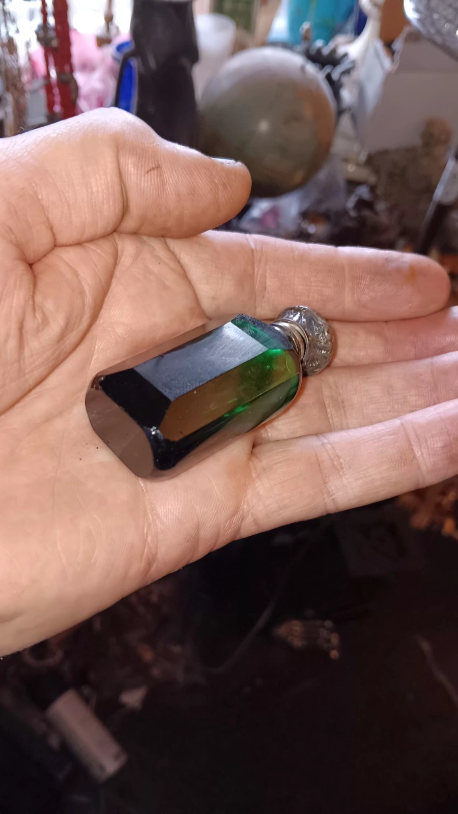 Antique Green Faceted Glass And Sterling Scent Bottle