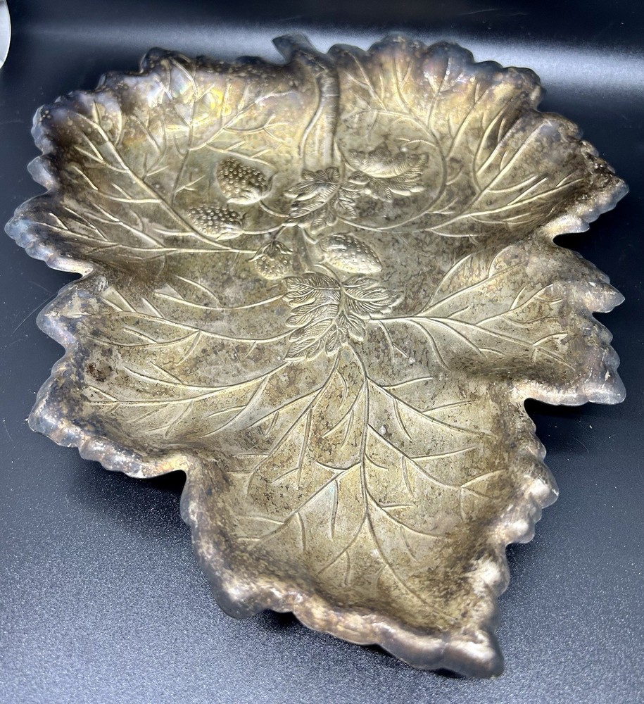 Vintage Silver Plate Strawberry Leaf Shaped Dish Bowl, Unpolished, 11” X 9”