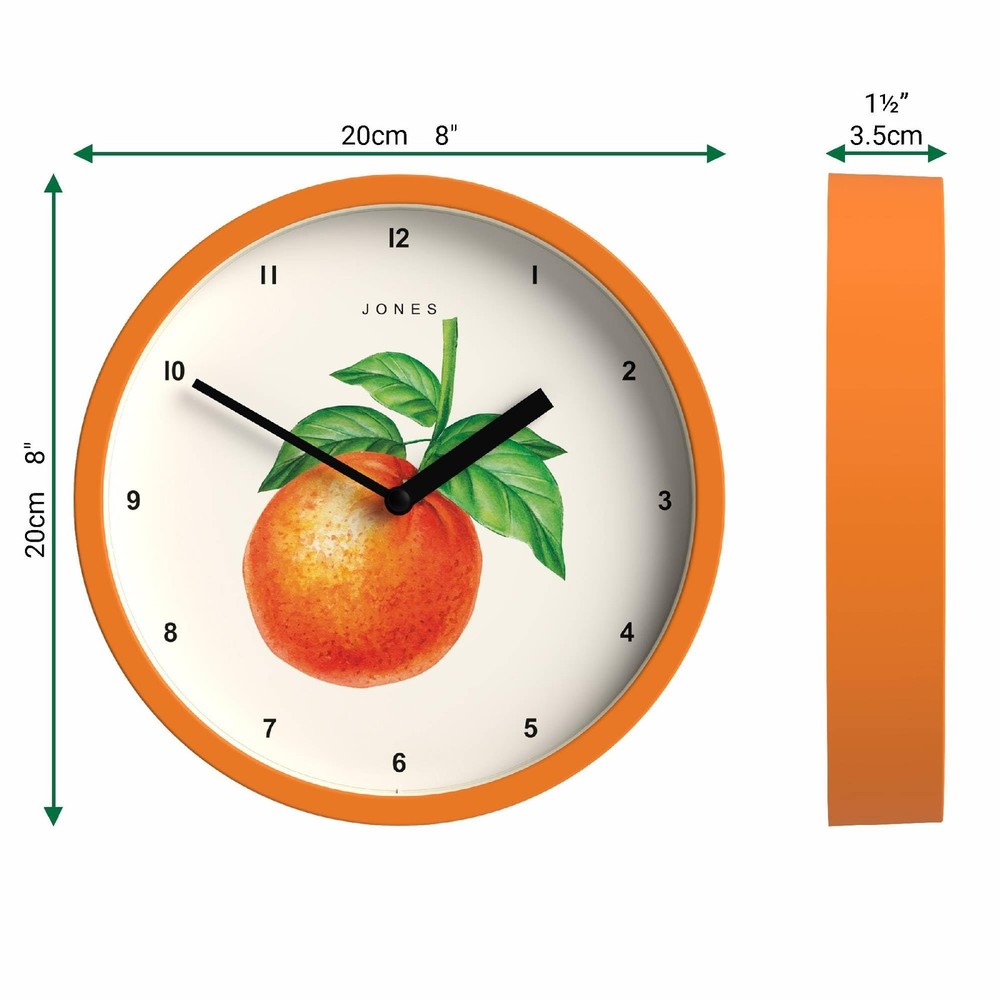 JONES CLOCKS® Fruit Wall Clock | Small Round Clock | 8 inch | Orange | Bota