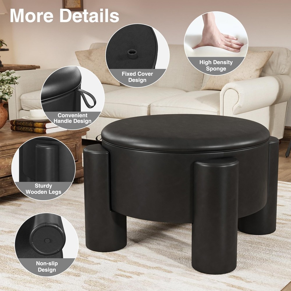 24in Storage Stool Coffee Table with Storage Function, Artificial Leather