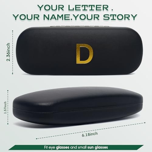 Hard Shell Glasses Case Debossed Initial A-Z, Slim Eyeglass Case for D - Black