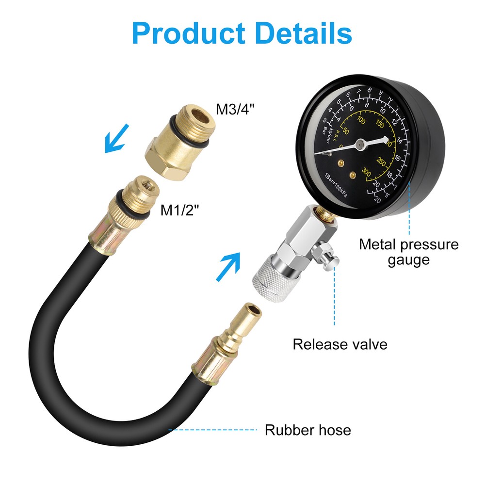 Engine Compression Tester Testing Gauge Gage Check Test Tool Kit with Hose 20bar