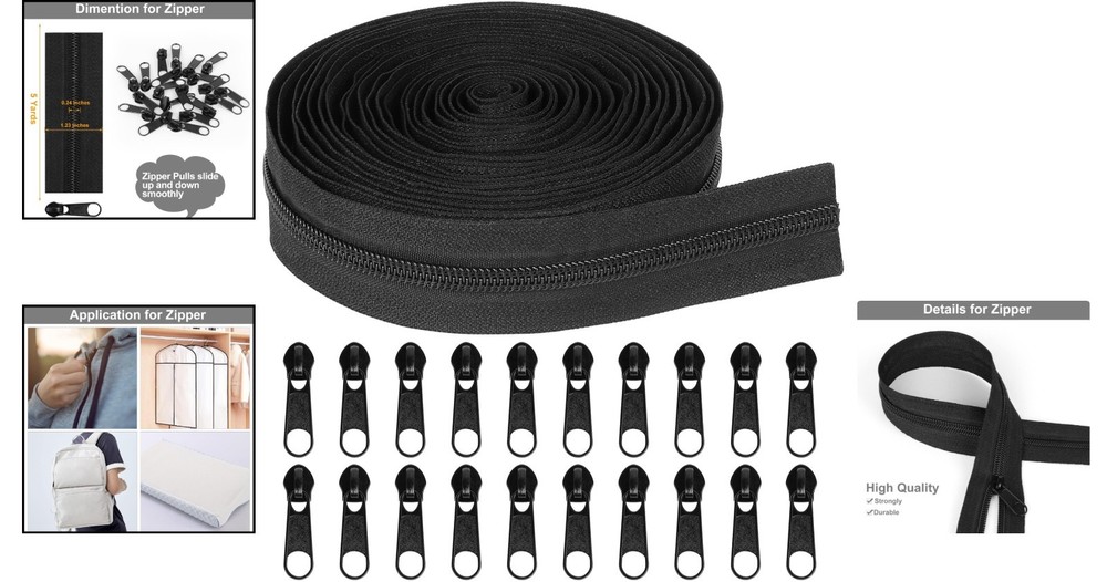 Continuous 5 Yards Black Nylon Zipper with Zipper Pulls for Seamless Projects