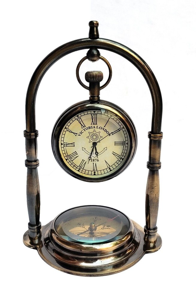 Maritime Compass Base Nautical Table Clock Ship’s Clock Antique Brass