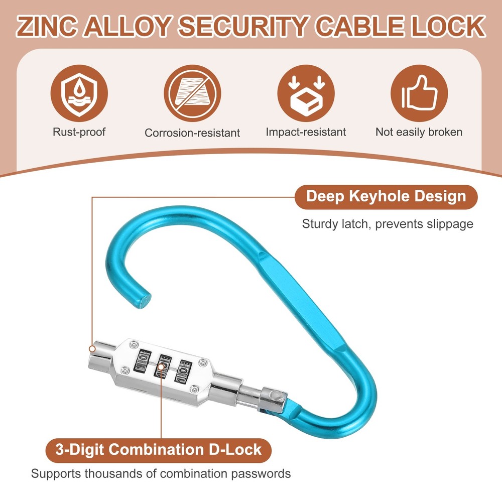 2 Pcs 3.8" x 1.8" D-Shaped 3-Digit Code Combination Lock D-Ring Clip, Light Blue