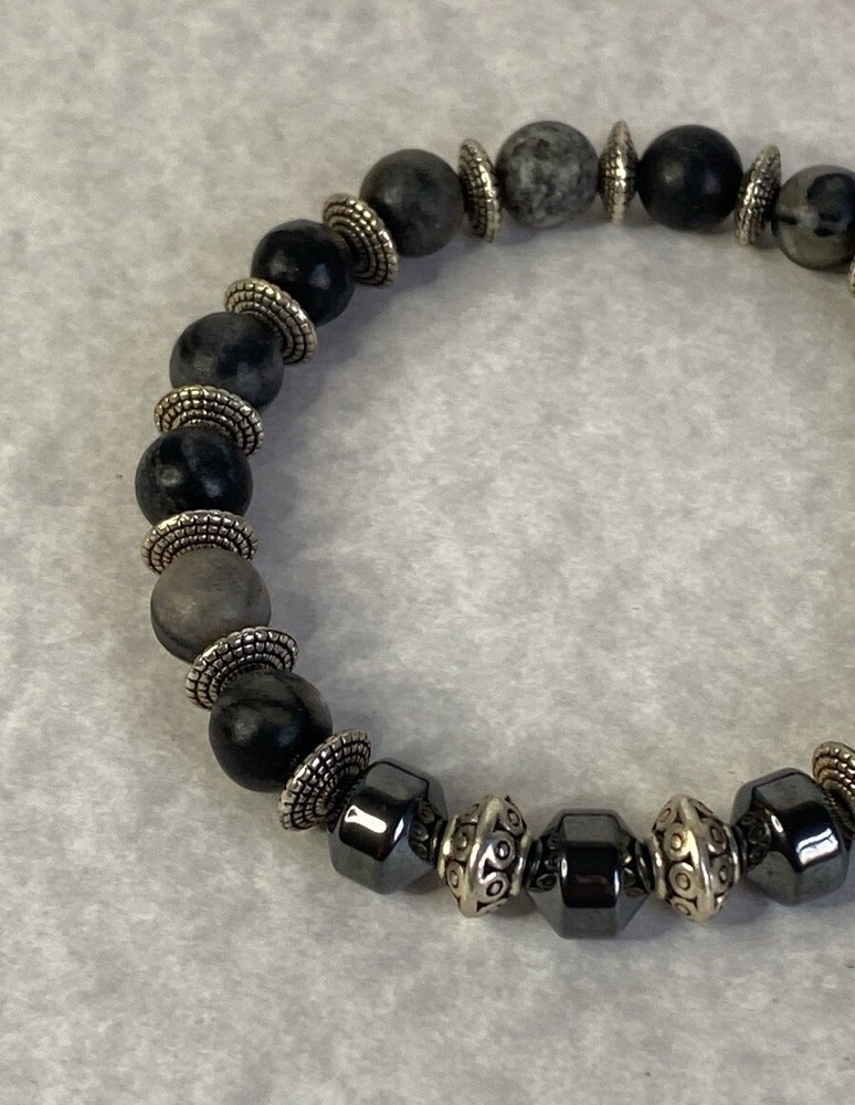 Hematite matte agate silver beaded bracelet unisex