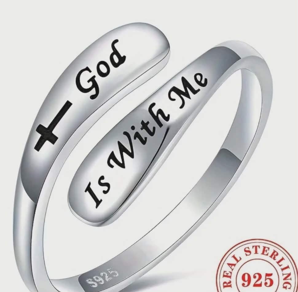 Solid 925 Sterling Silver Adjustable Ring with "God is with me" engraved