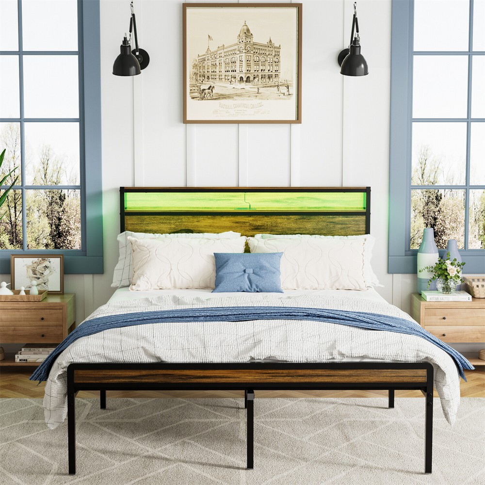 Queen Size Bed Frame Metal Platform Bed Frame w/ Storage Headboard & USB Port