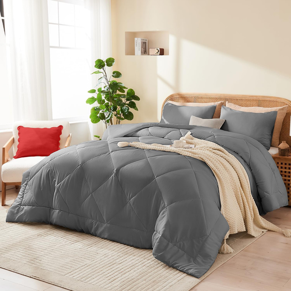 Queen Comforter Set Grey, 3 Pieces Lightweight All Season Solid Bedding Comforte