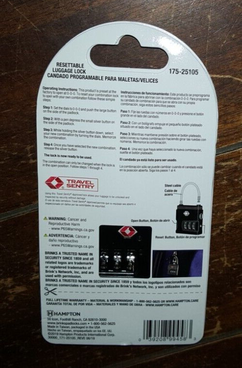 Brinks Standard Security Travel Combination Lock ~TSA Accepted~ Item #175-25105