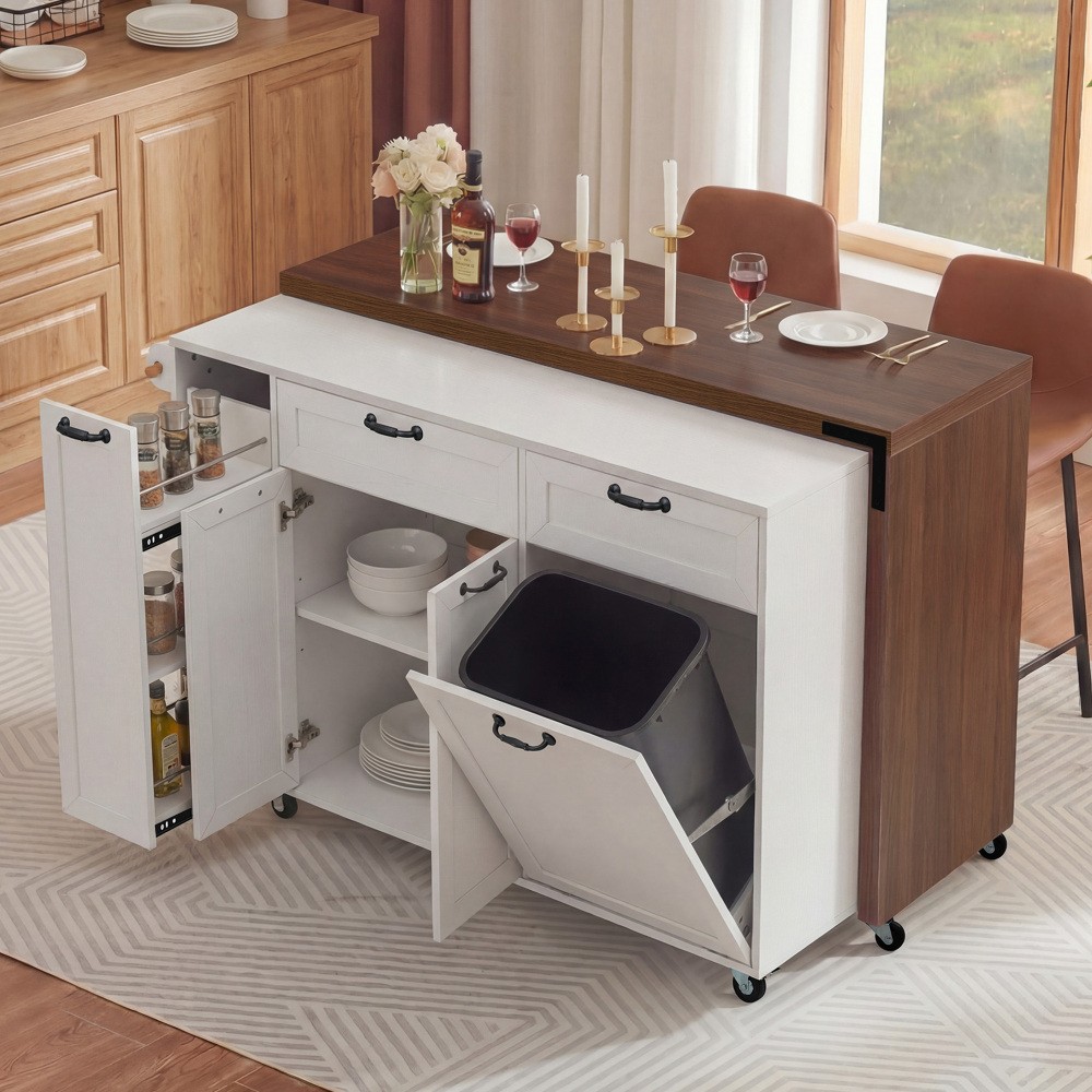 Kitchen Island with Extendable Dining Table, Kitchen Rolling Island Cart