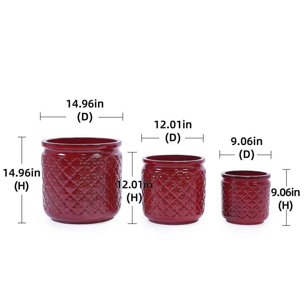 3-Pieces Modern Bean Paste Red Ceramic Planter with Drainage Hole