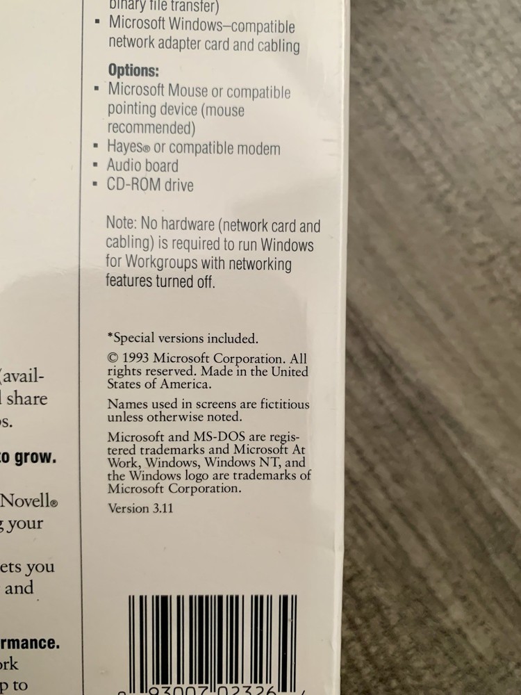 Microsoft Workgroup Add-on For Windows Version 3.11 Network Software New 1993