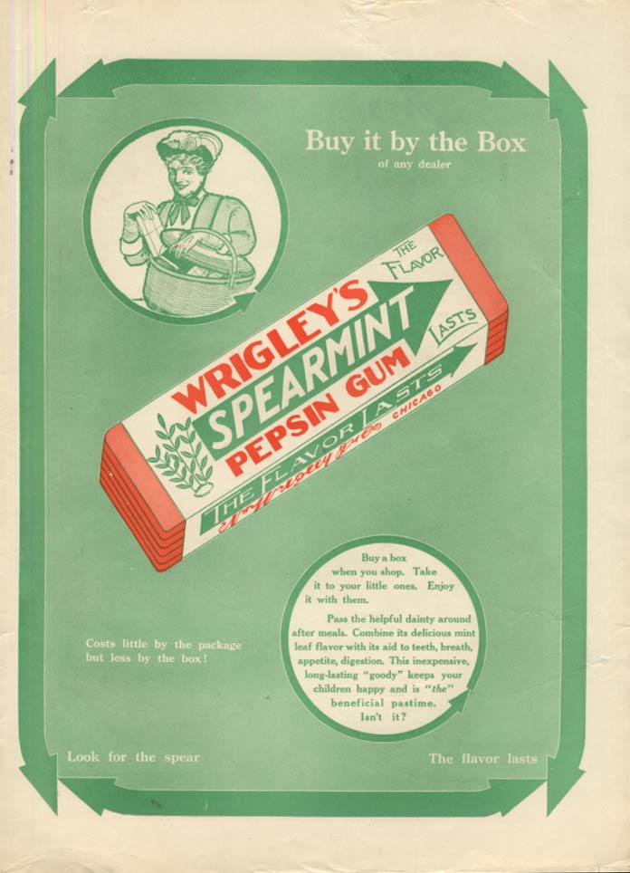 Buy it by the Box: Wrigley's Spearmint Pepsin Chewing Gum ad 1912 MP