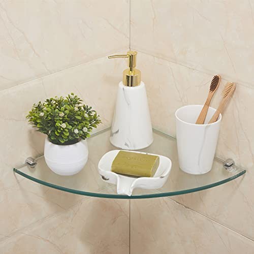 3-Pack Extra Thick Glass Floating Corner Shelves - Wall Mounted for Bathroom, Ki