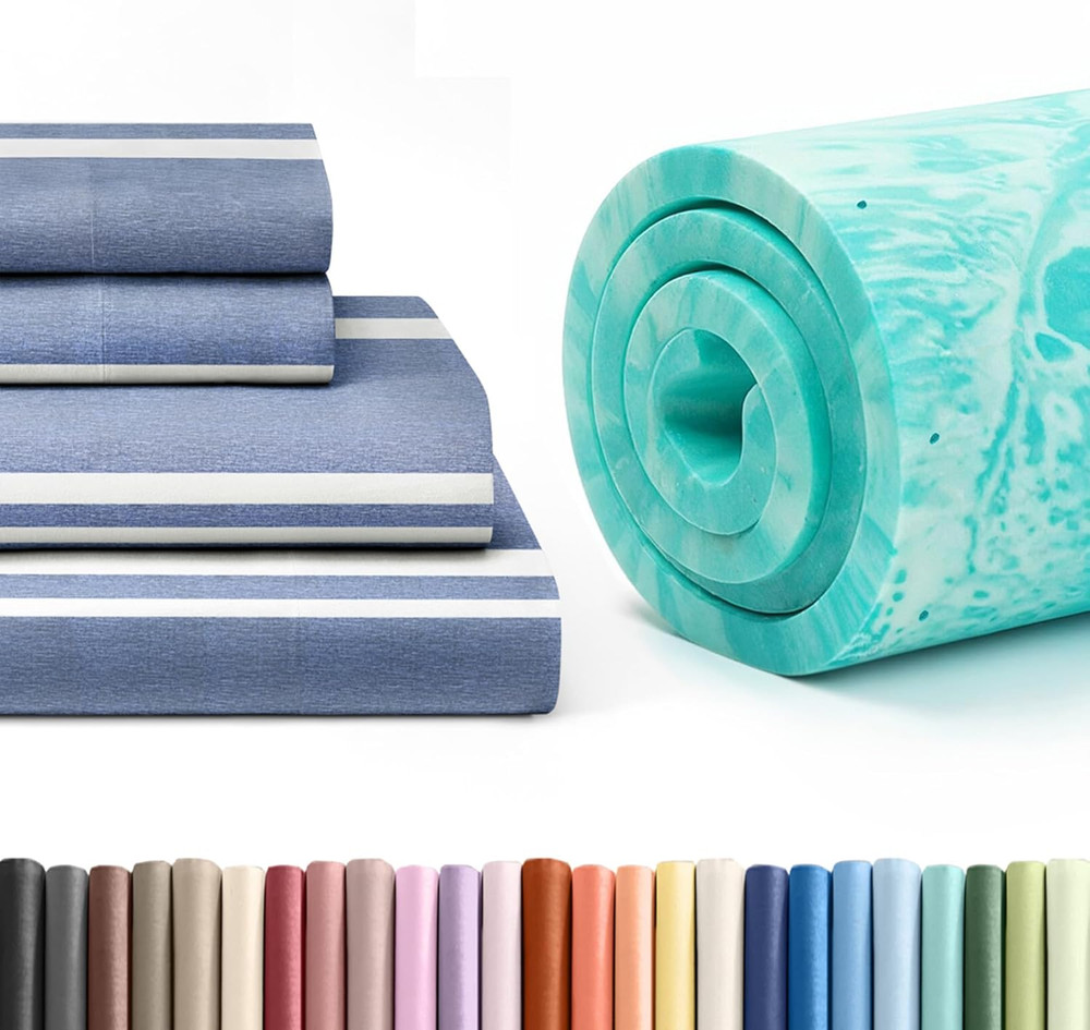 Queen 4-Piece Blue Stripes Sheet Set & 2" Memory Foam Topper
