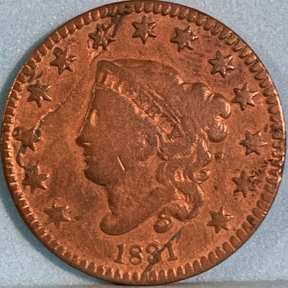 1831 Large Cent N-5 R-4 Small Letters–Mint Error–Lamination/Planchet Error