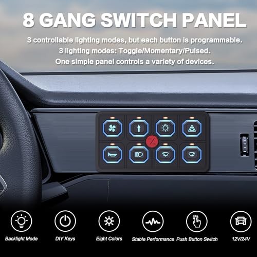 RGB 8 Gang Dimmable LED Switch Panel Toggle Multicolored 8 Gang Square button