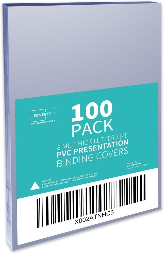 Binditek 100 Pack 8mil PVC Clear Binding Presentation Covers, 8 Mil,