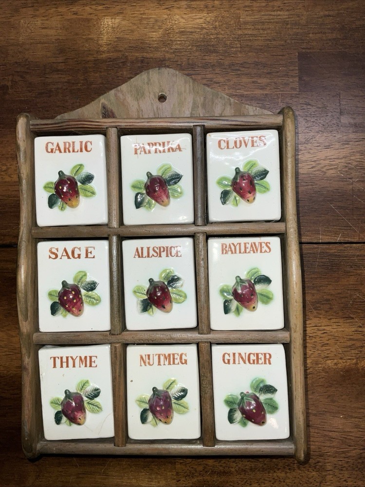 Vintage Ceramic Spice Drawer Wall Rack W/Strawberry Pulls. THYME HAS DAMAGE.