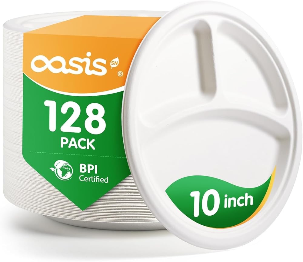 𝟭𝟬 𝗶𝗻𝗰𝗵, 𝟭𝟮𝟴-𝗣𝗮𝗰𝗸 3-partment Disposable Paper Plates,
