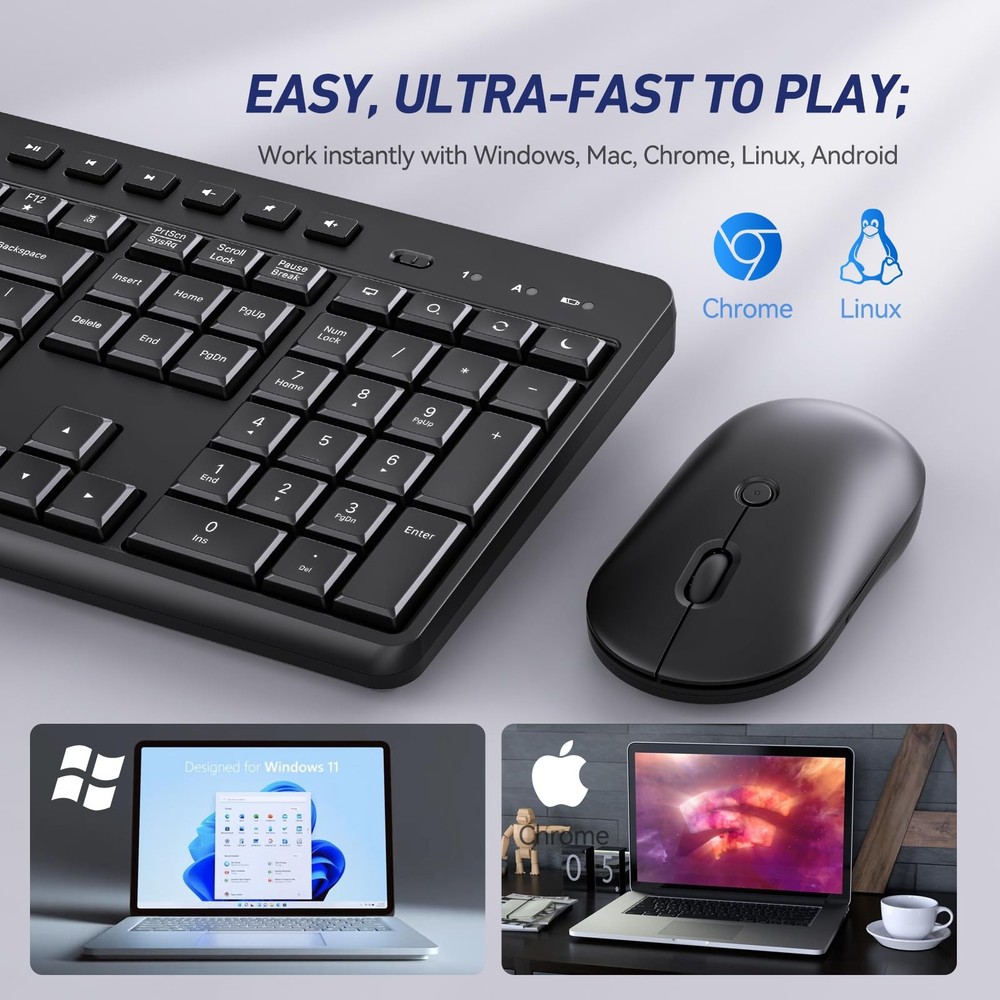 Wireless Keyboard and Mouse Combo, Acebaff 2.4G Quiet Wireless Computer Keyboard
