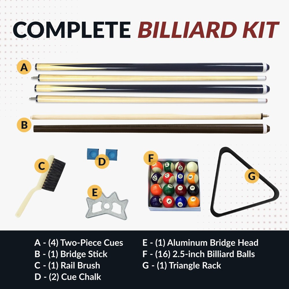 Pool Table Accessories Kit 2 Pool Cues, 16 Billiard Balls, Rack & Brush