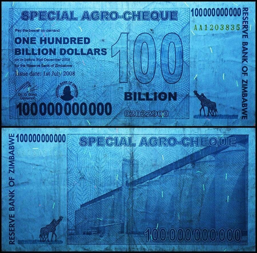 Zimbabwe 5x 100 Billion Dollars 2008 USED