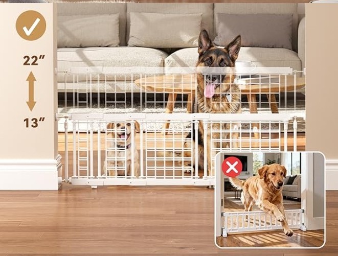 No Drill Adjustable Dog Gate, 13-22 Inch Height, 18-43 Inch Width, White Metal
