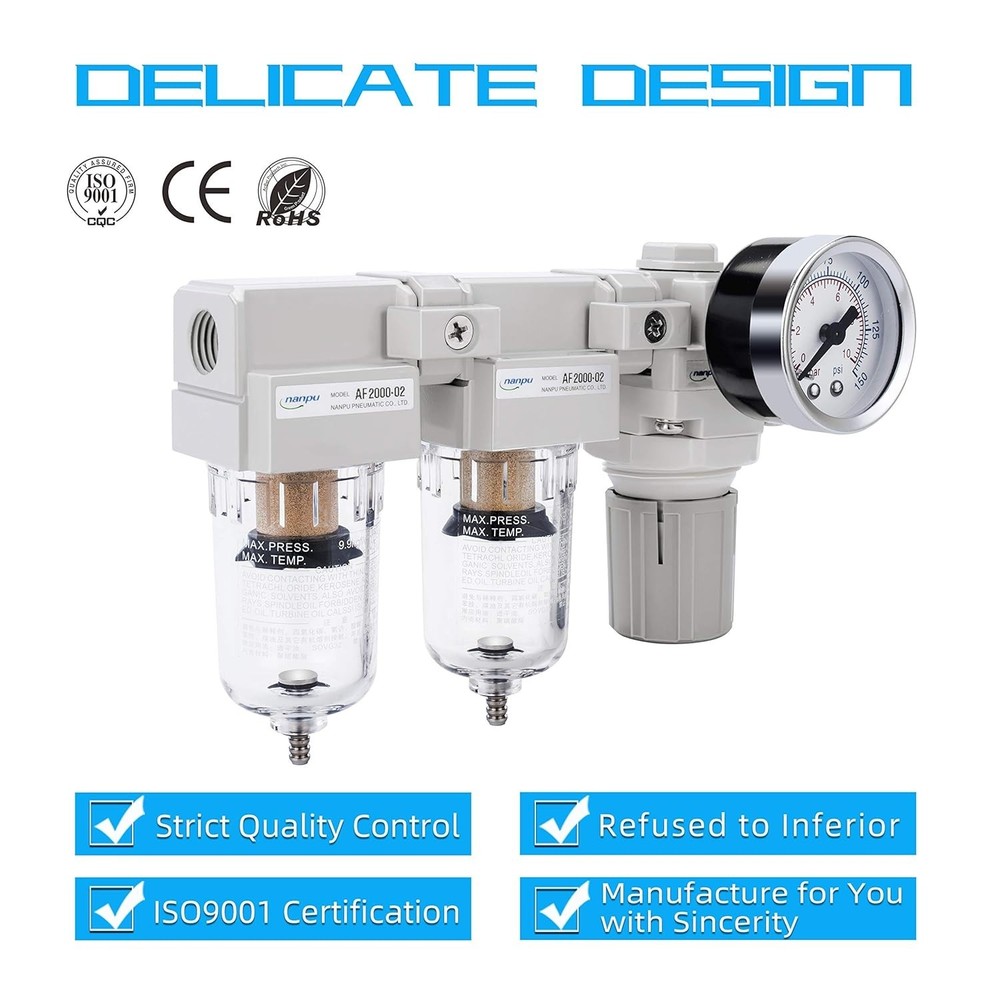 Efficient 1/4" NPT Air Filter and Regulator Combo with Complete Installation Kit