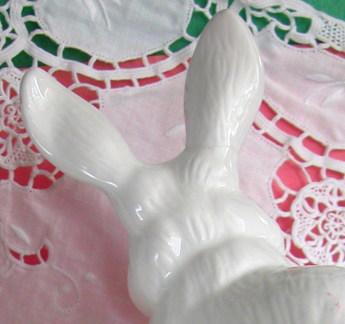 Ceramic Bunny, 7" Tall, White & Pink Hand Painted