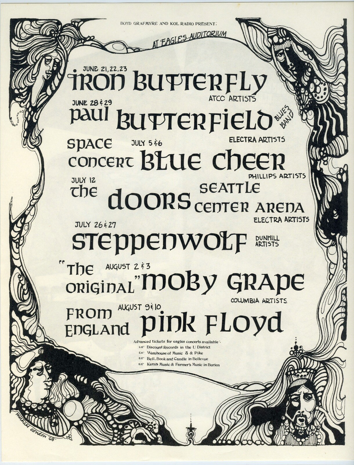 1968 THE DOORS Seattle Center Arena Concert Handbill PINK FLOYD EaglesAuditorium