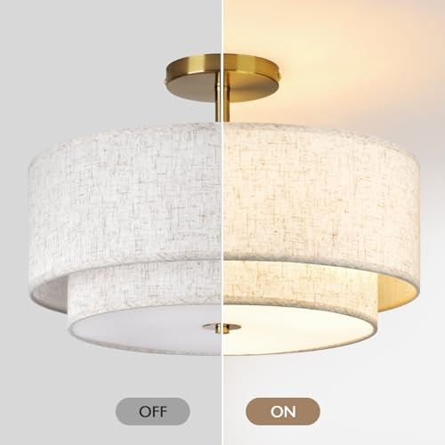 16" Double Drum 3-Light Semi Flush Mount Ceiling Light, Classic Fabric Gold