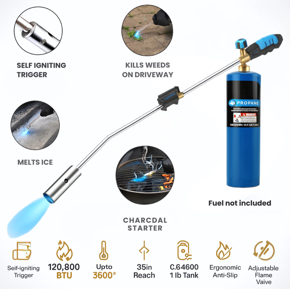 Propane Torch Weed Burner Adjustable Grass Scrub Snow Melter High Output Tool