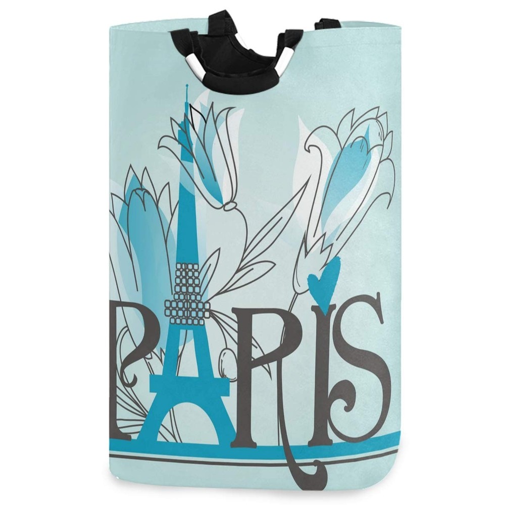 Paris Letters Blue Pattern Large Laundry Hamper with Handle Foldable Durable ...