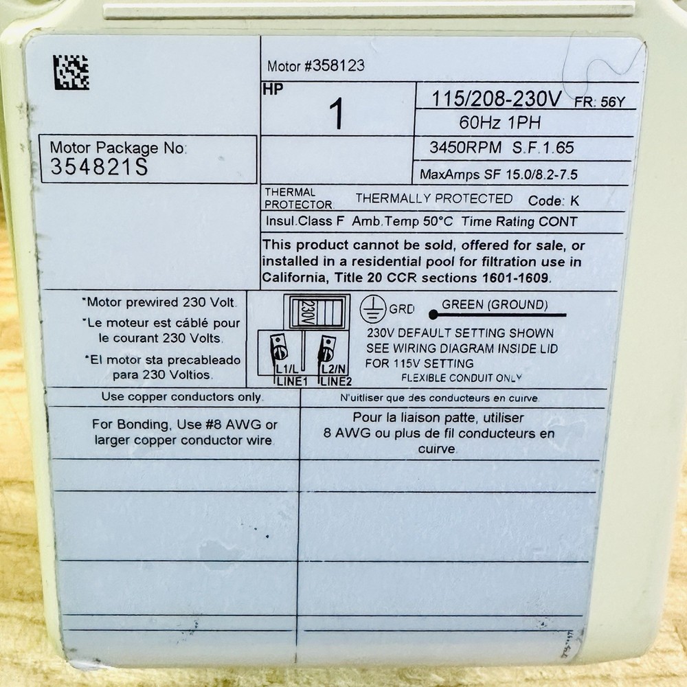 Pump Motor Single Speed 1 HP 354821S