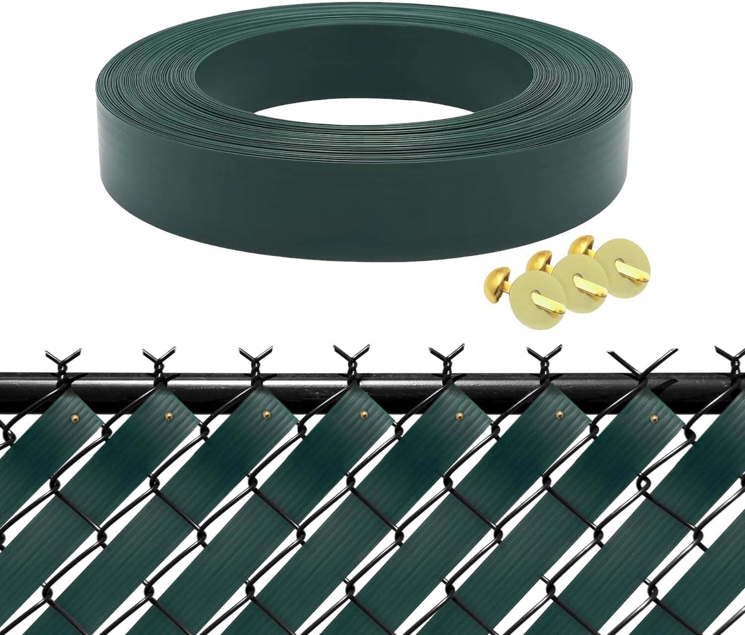 Chain Link Fence Privacy Slats Tape w/ Brass Fasteners, Green, 1.8 in x 250 ft