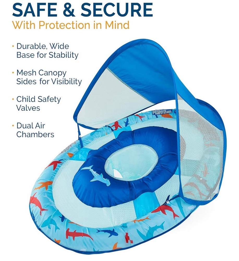Swimways Sun Canopy Spring Baby Float Hyper-Flate Valve - Shark - Soft Mesh NEW