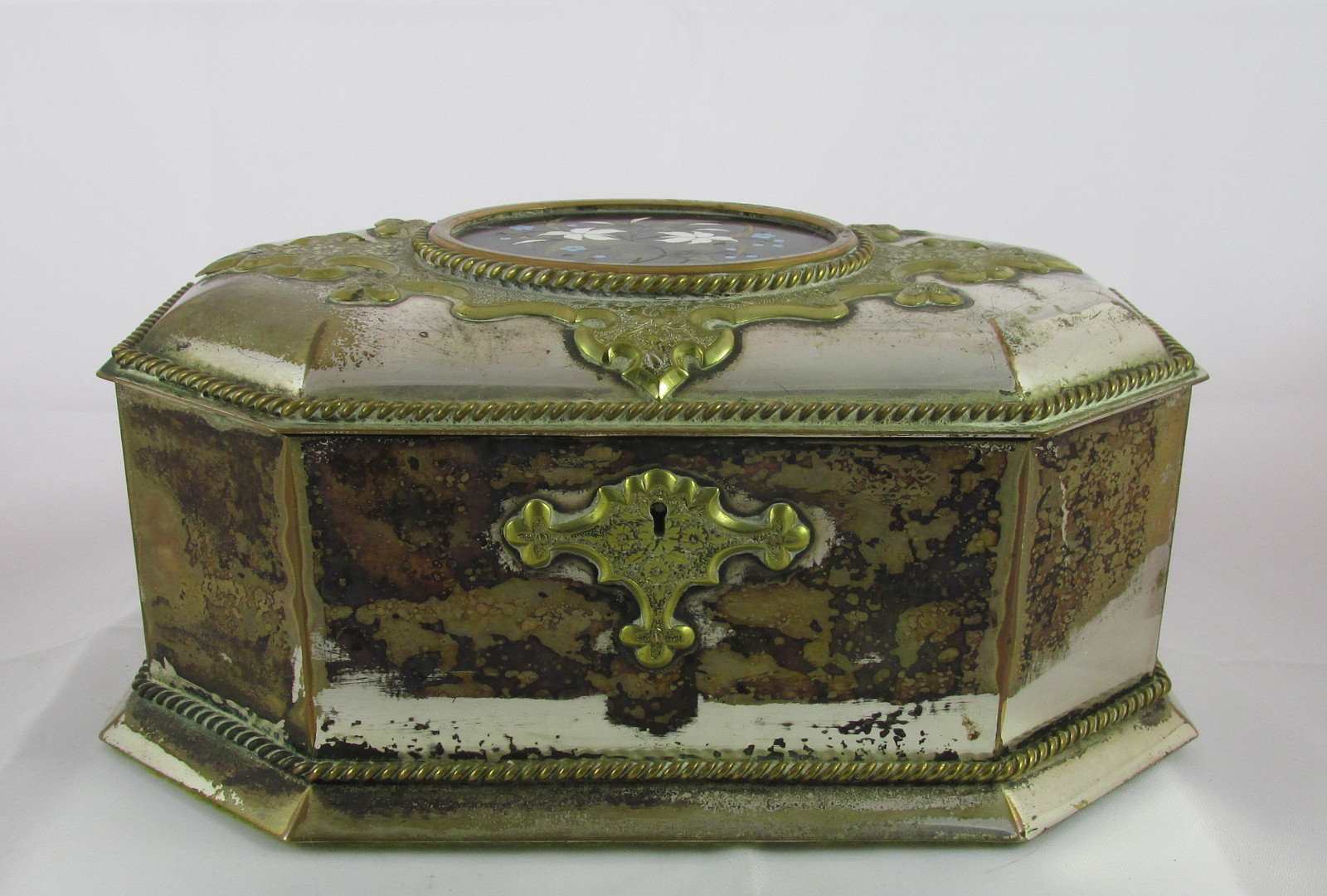 Victorian English Howell James Silver Plate Black&Green Tea Casket Pietra Dura