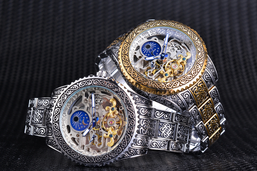 New Luxury Moon Phase Tourbillon Skeleton Engraved Mechanical Automatic Watch