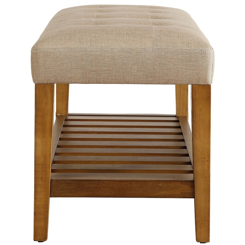 Beige and Oak Tufted Padded Seat Bench