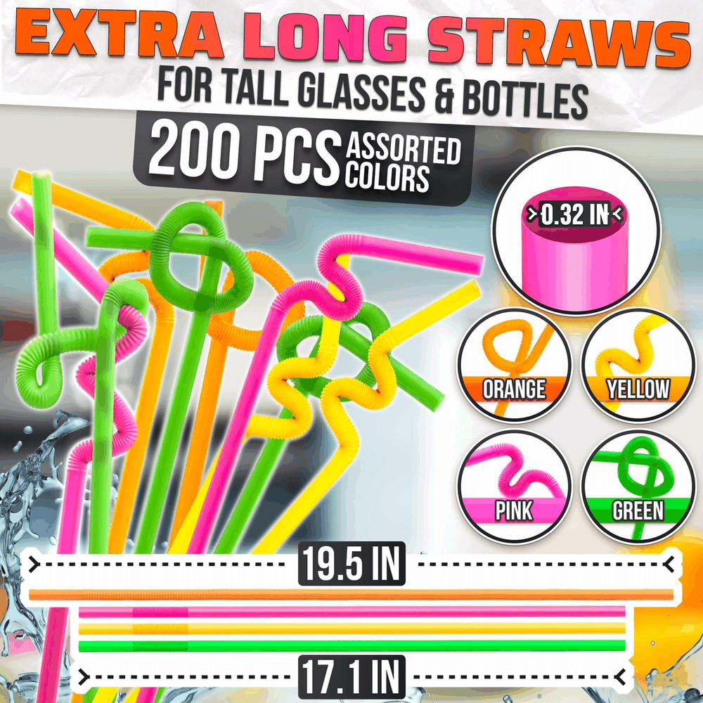200 Pcs Extra Long Straws Disposable Flexible Long Plastic Straws Stretchable