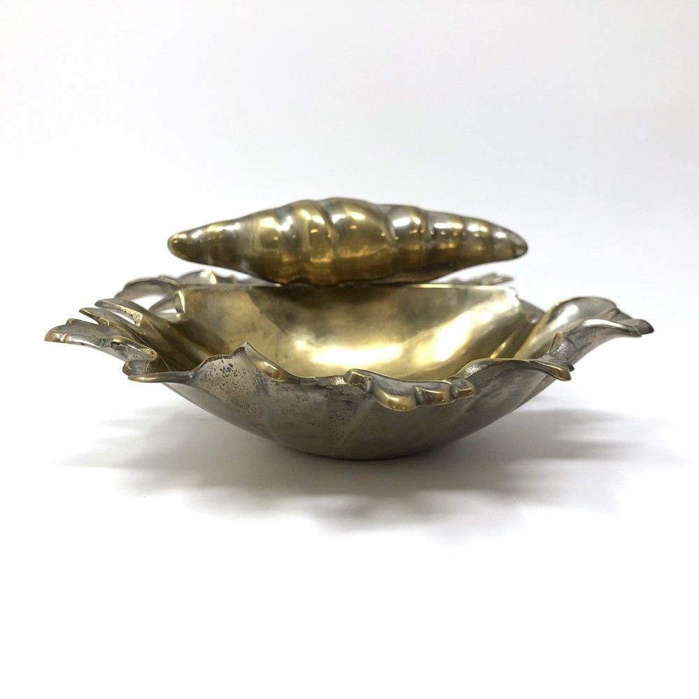 Vtg 1969 Silverplate Seashell Freeform Double Candy Dish Handle Gold Interior
