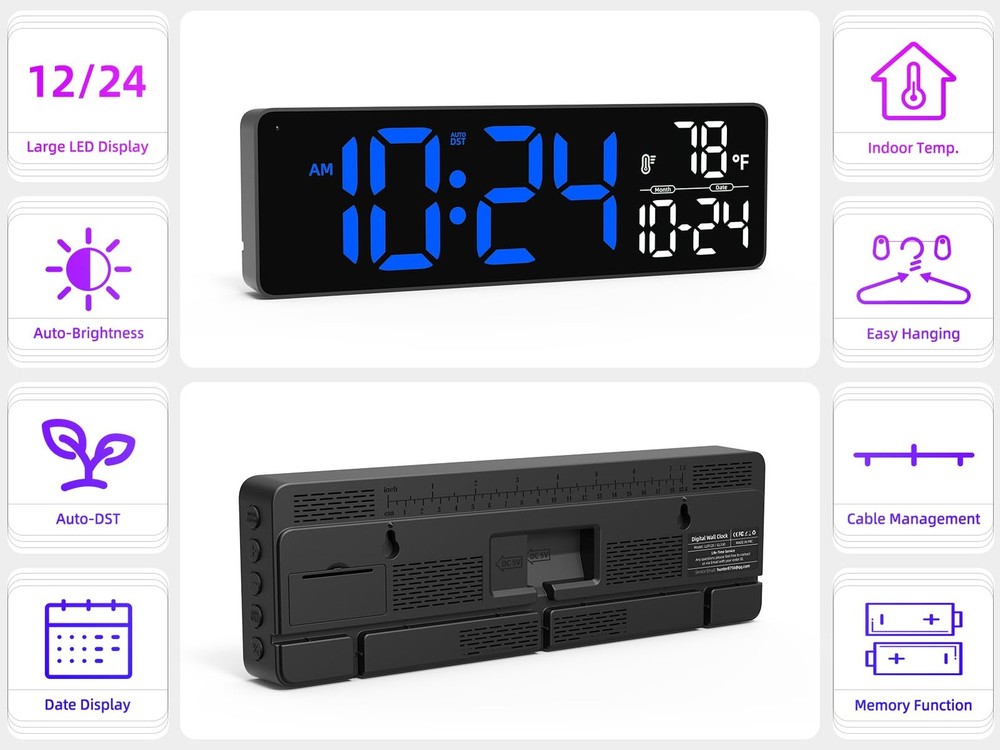 Large Digital Wall Clock with Date, Temperature, Auto-Brightness, Auto-DST | ...