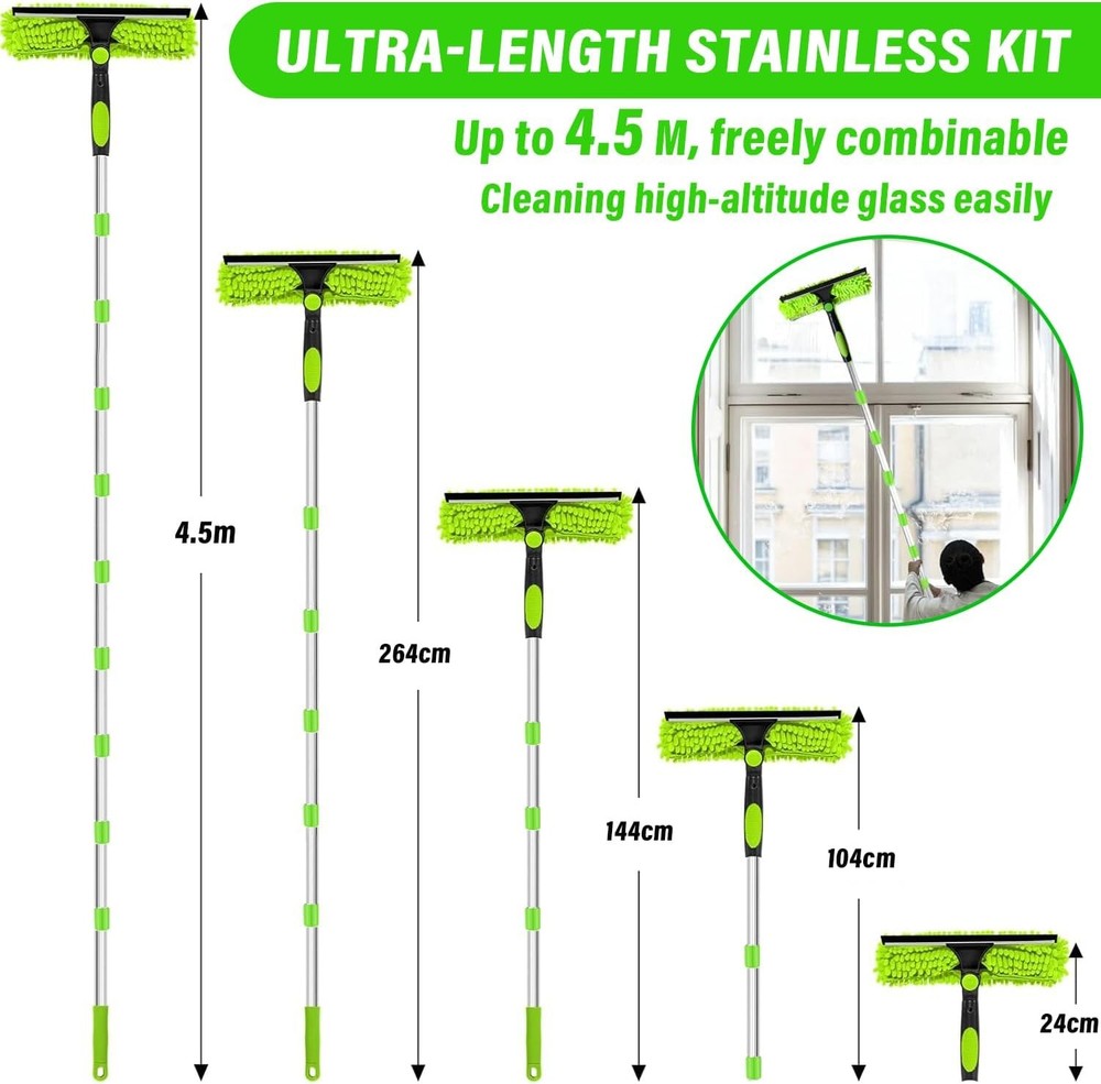 10-Section Telescopic Window Cleaner Pole with 2 Microfiber Pads & Squeegee