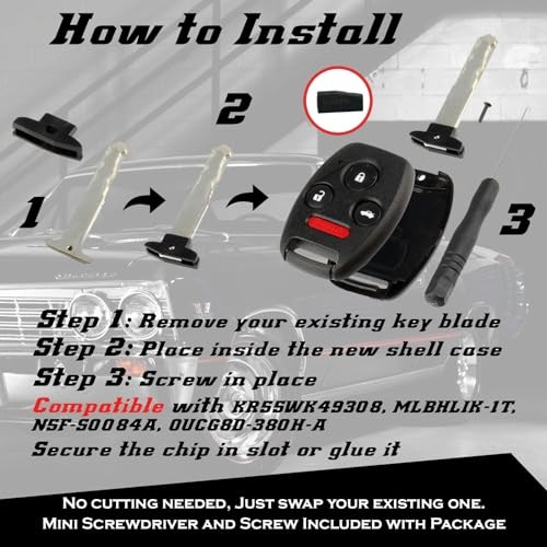 Cutting NOT Required - Key Fob Keyless Entry Remote Shell Case & Pad 1-Pack