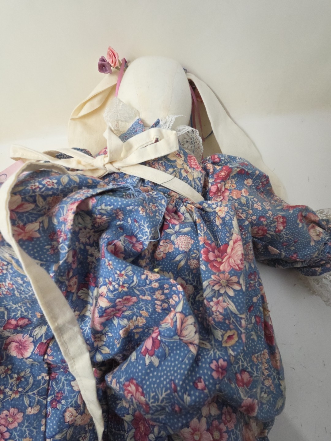 Vintage Handmade 19” Easter Bunny Rabbit Doll Flowers Floral Lace Dress & Apron